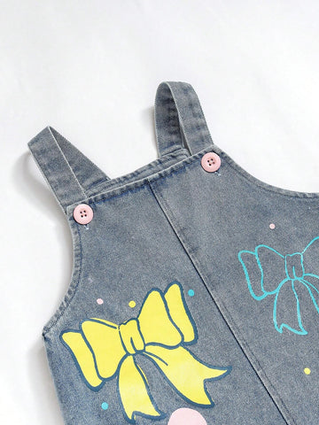 Young Girls Toddler Cute Bow & Heart Print Pocket Overall A-Line Denim Dress, Versatile Fashion Casual Outfit Suitable For All Seasons