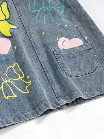 Young Girls Toddler Cute Bow & Heart Print Pocket Overall A-Line Denim Dress, Versatile Fashion Casual Outfit Suitable For All Seasons