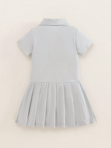 Young Girls Toddler Cute Casual Polo Collar Half-Open Front Short Sleeve Pleated A-Line Dress