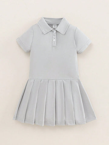 Young Girls Toddler Cute Casual Polo Collar Half-Open Front Short Sleeve Pleated A-Line Dress
