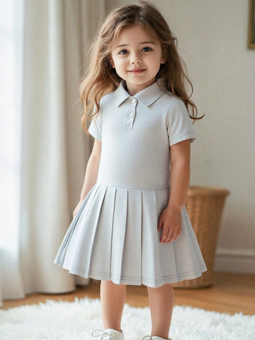 Young Girls Toddler Cute Casual Polo Collar Half-Open Front Short Sleeve Pleated A-Line Dress