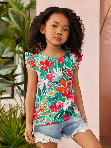 Young Girl's Tropical Plant & Flower Printed Ruffle Armhole Shirt For Vacation