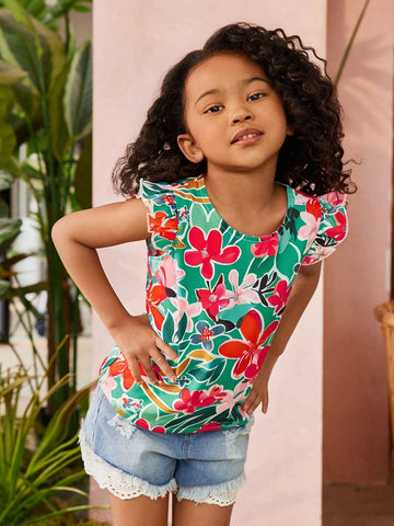 Young Girl's Tropical Plant & Flower Printed Ruffle Armhole Shirt For Vacation