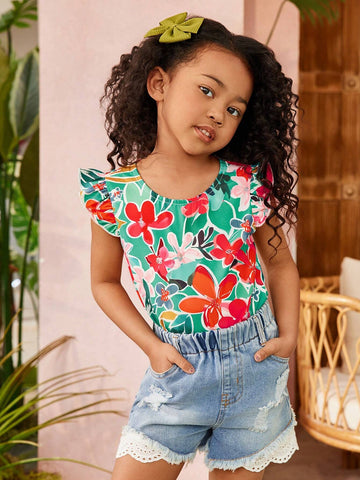Young Girl's Tropical Plant & Flower Printed Ruffle Armhole Shirt For Vacation