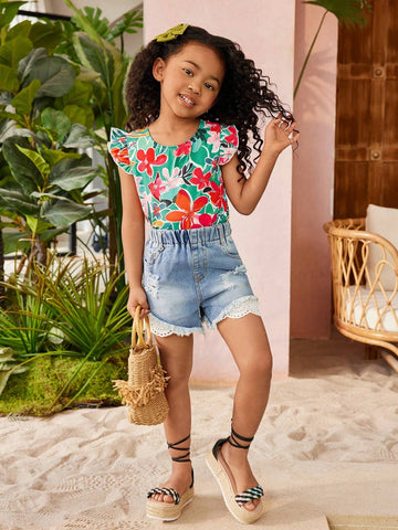 Young Girl's Tropical Plant & Flower Printed Ruffle Armhole Shirt For Vacation