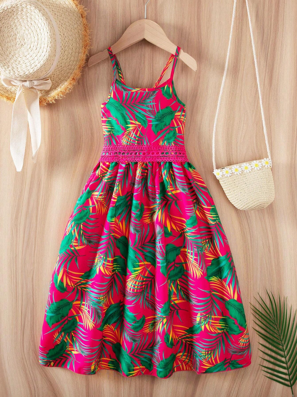 Young Girl's Tropical Print Contrast Lace Strap Dress For Vacation & Leisure