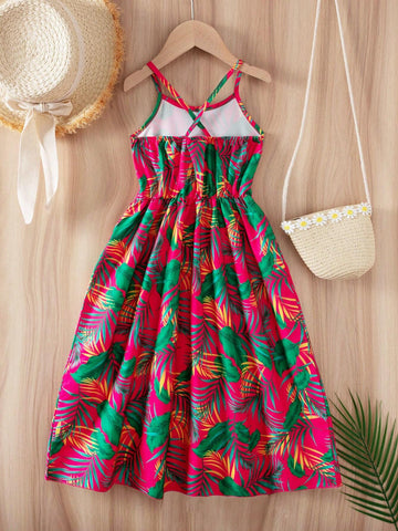 Young Girl's Tropical Print Contrast Lace Strap Dress For Vacation & Leisure