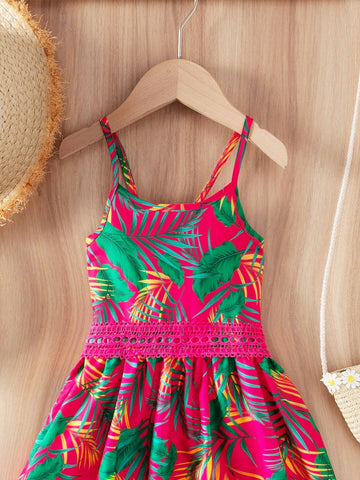 Young Girl's Tropical Print Contrast Lace Strap Dress For Vacation & Leisure