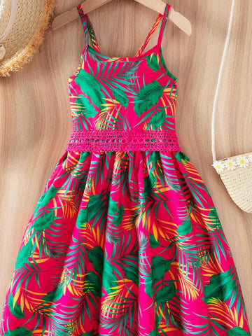 Young Girl's Tropical Print Contrast Lace Strap Dress For Vacation & Leisure