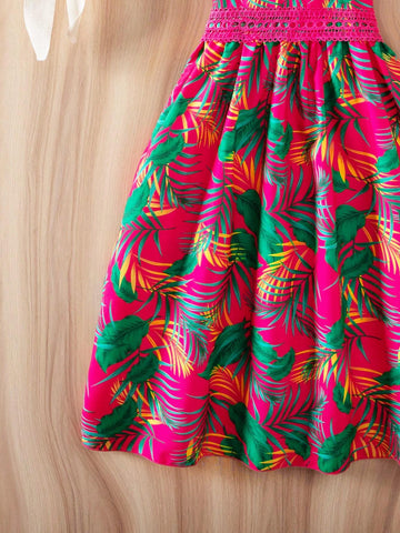 Young Girl's Tropical Print Contrast Lace Strap Dress For Vacation & Leisure