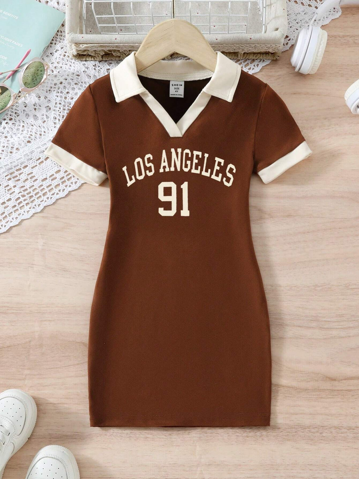 Young Girls' Turn-Down Collar Color Block Letter Printed Casual Dress For Summer