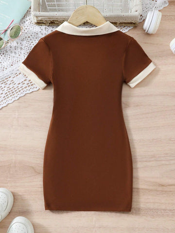 Young Girls' Turn-Down Collar Color Block Letter Printed Casual Dress For Summer