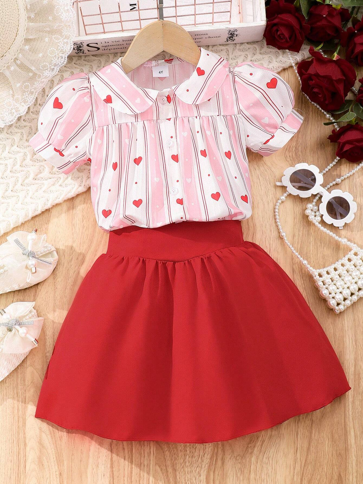 Young Girls' Turn-Down Collar Shirt And Skirt Set, Casual & Lovely Outfit For Spring And Summer Picnics
