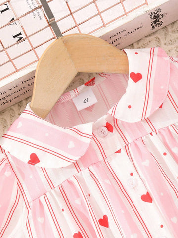 Young Girls' Turn-Down Collar Shirt And Skirt Set, Casual & Lovely Outfit For Spring And Summer Picnics