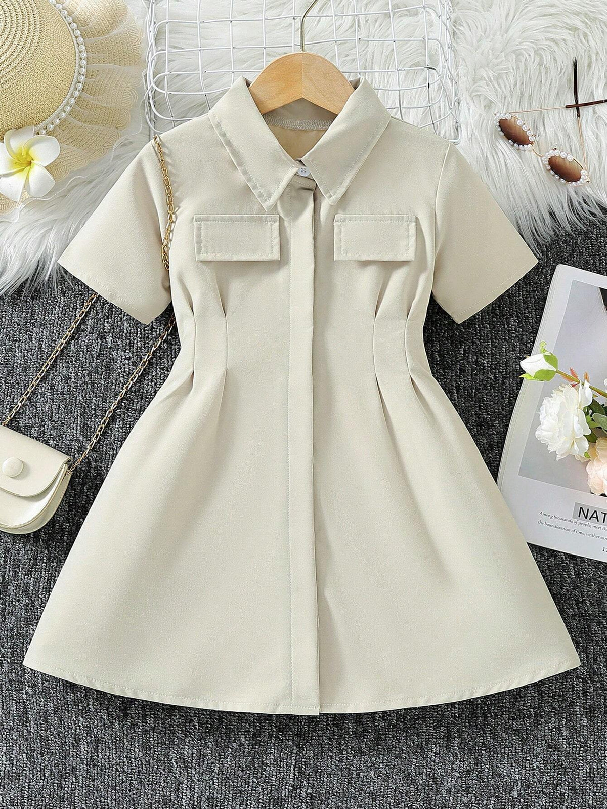 Young Girl's Turn Down Collar Casual Short Sleeve Dress, Suitable For Vacation, Travel And Back-To-School In Summer