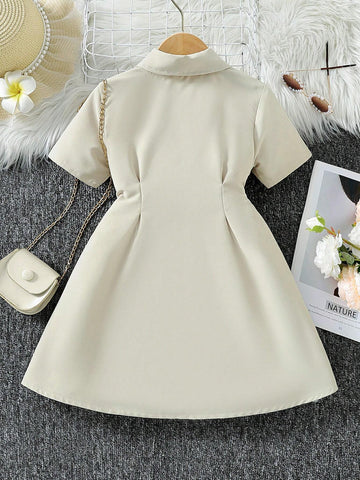 Young Girl's Turn Down Collar Casual Short Sleeve Dress, Suitable For Vacation, Travel And Back-To-School In Summer