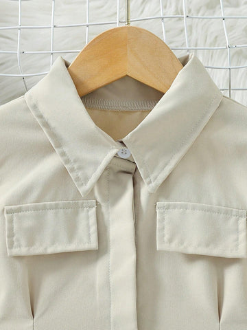 Young Girl's Turn Down Collar Casual Short Sleeve Dress, Suitable For Vacation, Travel And Back-To-School In Summer