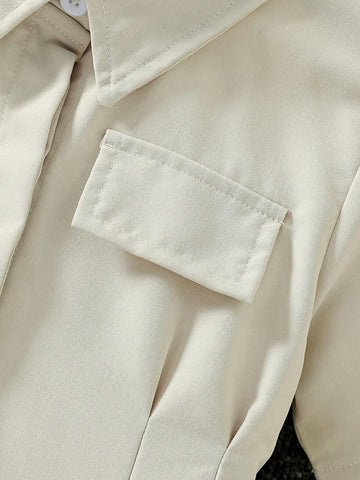 Young Girl's Turn Down Collar Casual Short Sleeve Dress, Suitable For Vacation, Travel And Back-To-School In Summer