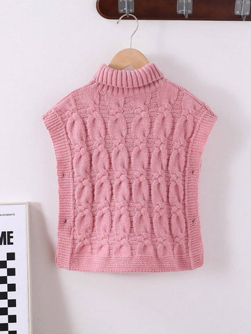 Young Girls Turtleneck Cable Rope Creative Knit Textured Oversized Drop Shoulder Shawl Collar Sleeveless Cardigan Vest, Cute And Elegant, Soft And Comfortable, Suitable For Outings, Playtime, Picnics, Autumn/Winter