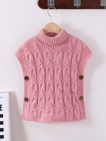 Young Girls Turtleneck Cable Rope Creative Knit Textured Oversized Drop Shoulder Shawl Collar Sleeveless Cardigan Vest, Cute And Elegant, Soft And Comfortable, Suitable For Outings, Playtime, Picnics, Autumn/Winter
