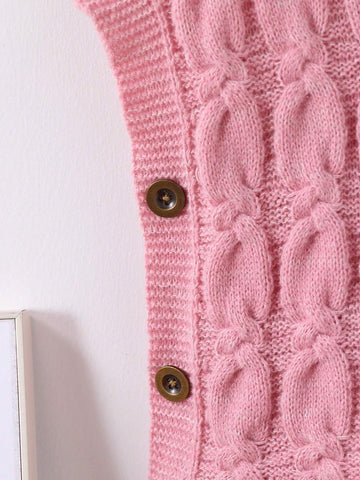 Young Girls Turtleneck Cable Rope Creative Knit Textured Oversized Drop Shoulder Shawl Collar Sleeveless Cardigan Vest, Cute And Elegant, Soft And Comfortable, Suitable For Outings, Playtime, Picnics, Autumn/Winter