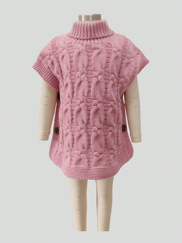 Young Girls Turtleneck Cable Rope Creative Knit Textured Oversized Drop Shoulder Shawl Collar Sleeveless Cardigan Vest, Cute And Elegant, Soft And Comfortable, Suitable For Outings, Playtime, Picnics, Autumn/Winter