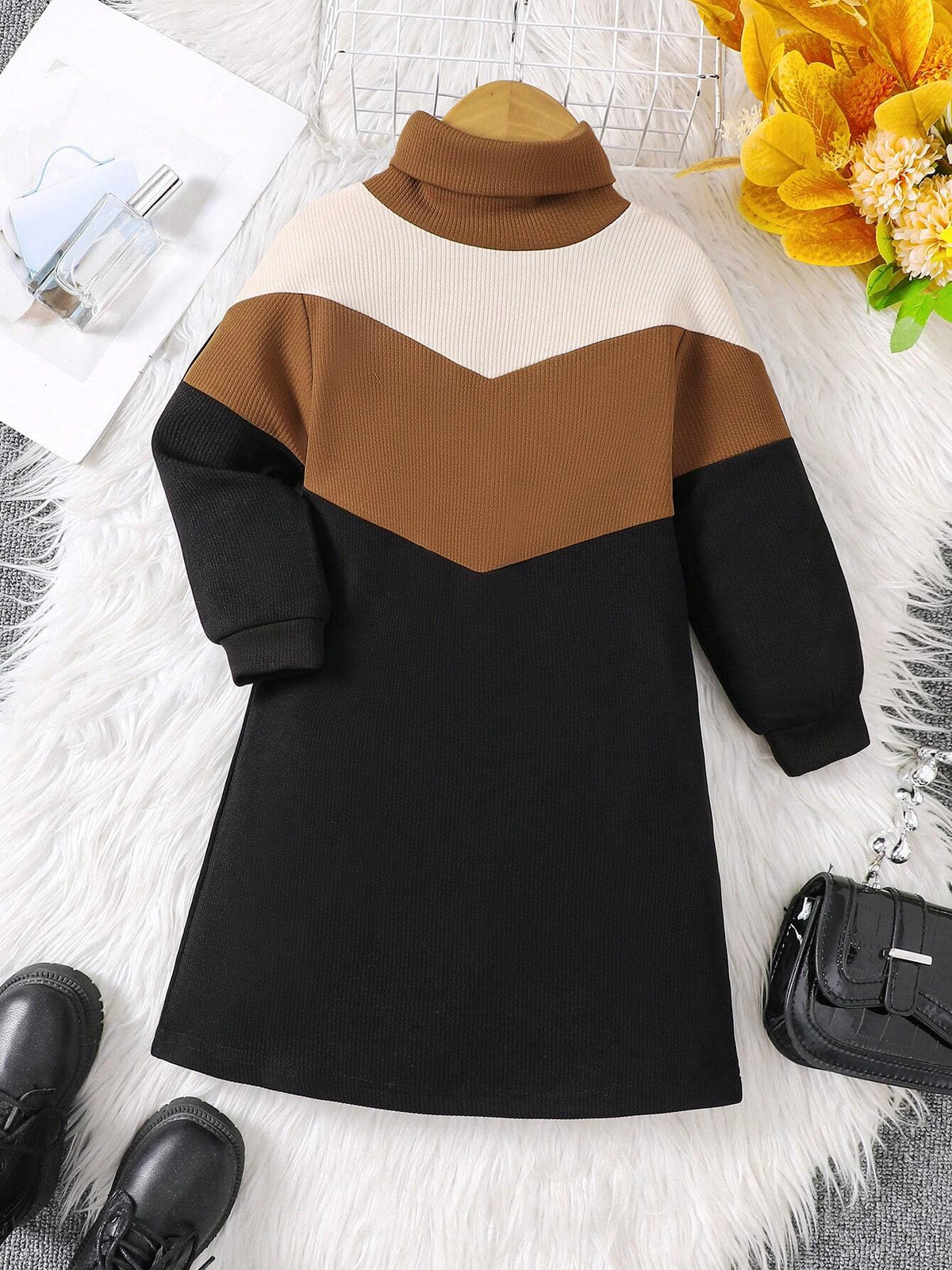 Young Girls Turtleneck Colorblock Knit Casual Dress, Autumn/Winter