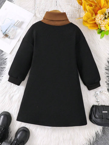 Young Girls Turtleneck Colorblock Knit Casual Dress, Autumn/Winter