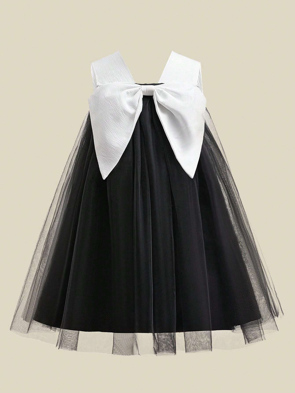 Young Girls' Two-Tone Satin & Tulle Big Bow Decor Party Dress, Suitable For Family Gatherings, Celebrations And Picnics