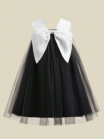 Young Girls' Two-Tone Satin & Tulle Big Bow Decor Party Dress, Suitable For Family Gatherings, Celebrations And Picnics
