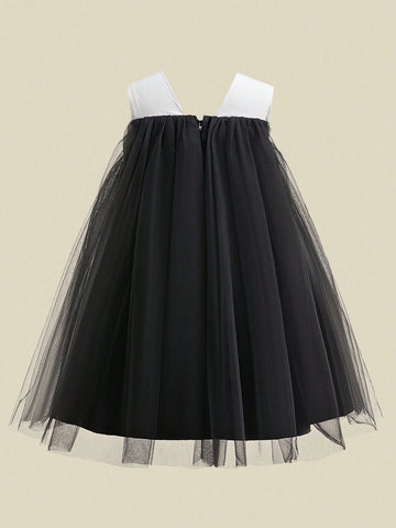 Young Girls' Two-Tone Satin & Tulle Big Bow Decor Party Dress, Suitable For Family Gatherings, Celebrations And Picnics