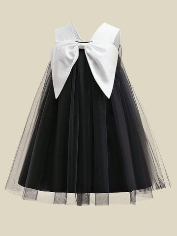Young Girls' Two-Tone Satin & Tulle Big Bow Decor Party Dress, Suitable For Family Gatherings, Celebrations And Picnics