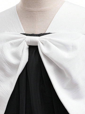 Young Girls' Two-Tone Satin & Tulle Big Bow Decor Party Dress, Suitable For Family Gatherings, Celebrations And Picnics