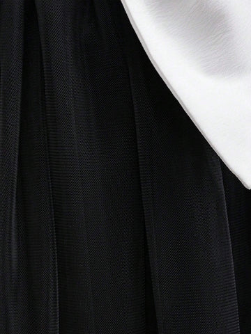 Young Girls' Two-Tone Satin & Tulle Big Bow Decor Party Dress, Suitable For Family Gatherings, Celebrations And Picnics