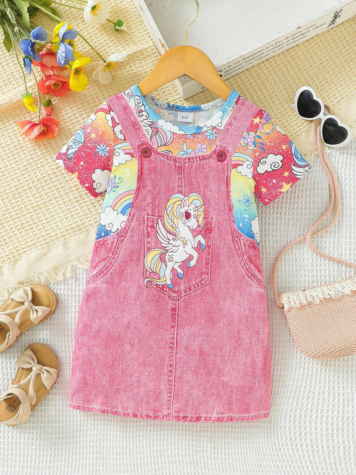 Young Girls" Unicorn Denim Printed Short-Sleeve Dress With Round Neckline For Summer