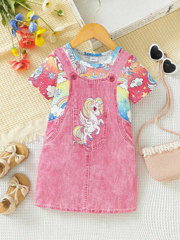 Young Girls" Unicorn Denim Printed Short-Sleeve Dress With Round Neckline For Summer