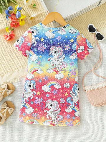 Young Girls" Unicorn Denim Printed Short-Sleeve Dress With Round Neckline For Summer