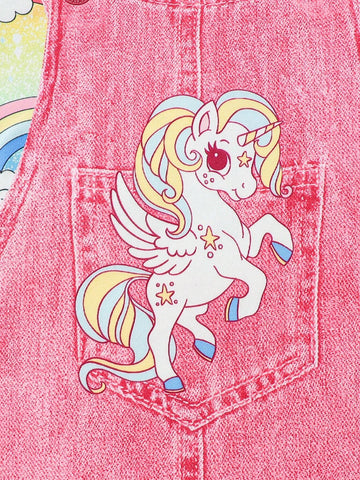Young Girls" Unicorn Denim Printed Short-Sleeve Dress With Round Neckline For Summer