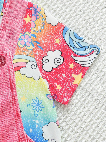 Young Girls" Unicorn Denim Printed Short-Sleeve Dress With Round Neckline For Summer