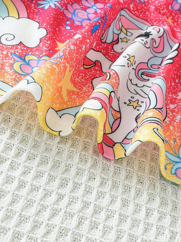 Young Girls" Unicorn Denim Printed Short-Sleeve Dress With Round Neckline For Summer