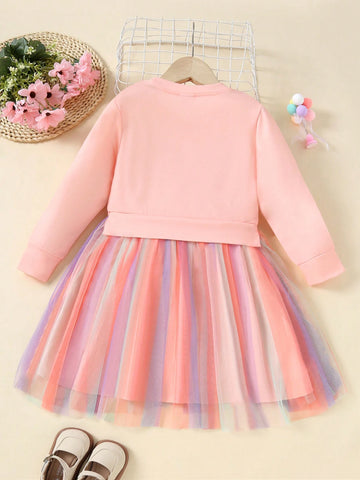 Young Girls Unicorn Print Mesh Contrast Casual Dress, Autumn