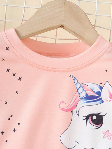 Young Girls Unicorn Print Mesh Contrast Casual Dress, Autumn