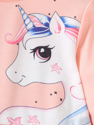 Young Girls Unicorn Print Mesh Contrast Casual Dress, Autumn