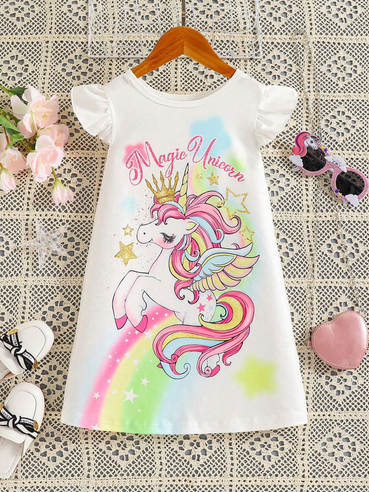 Young Girls Unicorn & Letter Graphic Ruffle Trim Dress
