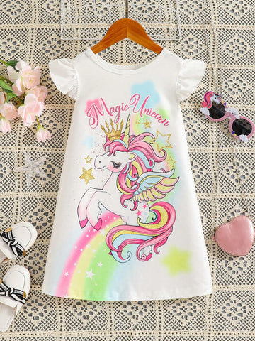 Young Girls Unicorn & Letter Graphic Ruffle Trim Dress
