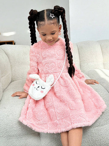Young Girls' Urban Chic Double-Sided Fleece Long Sleeve Dress With Diagonal Crossbody Bag