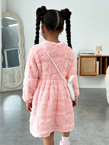 Young Girls' Urban Chic Double-Sided Fleece Long Sleeve Dress With Diagonal Crossbody Bag