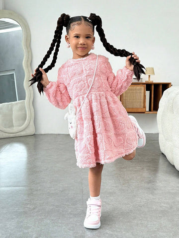 Young Girls' Urban Chic Double-Sided Fleece Long Sleeve Dress With Diagonal Crossbody Bag