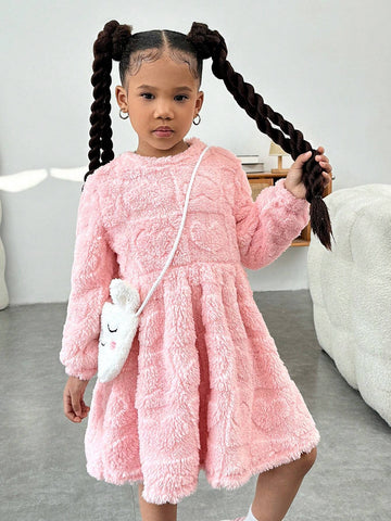 Young Girls' Urban Chic Double-Sided Fleece Long Sleeve Dress With Diagonal Crossbody Bag