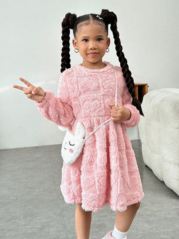 Young Girls' Urban Chic Double-Sided Fleece Long Sleeve Dress With Diagonal Crossbody Bag